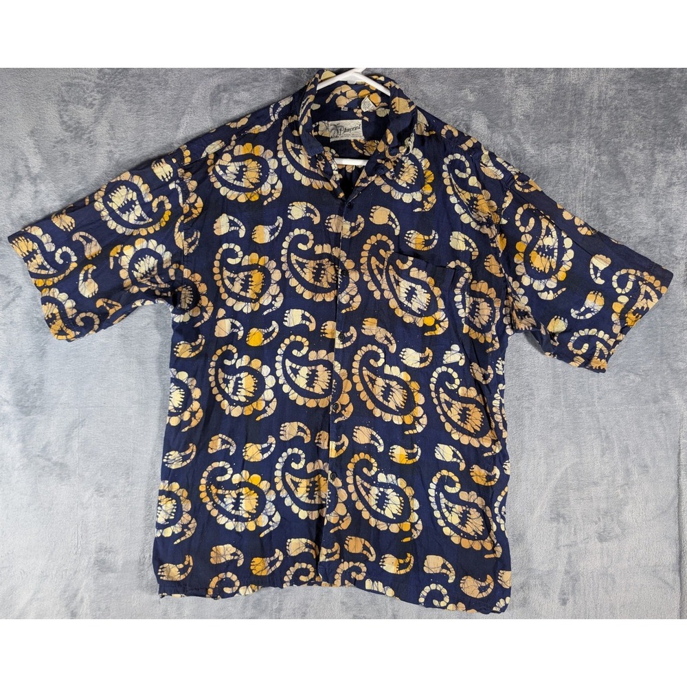 Vintage Blueprint Navy Paisley Batik Print Short Sleeve Button Up Shirt Large‎